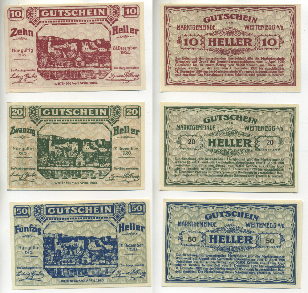 Австрия набор из 3 банкнот 1920 1 апреля 1920-31 декабря 1920, нотгельд, 10, 20, 50 геллеров, WEITENEGG auf GRUND   бумага  aUNC  7555-6-3-2