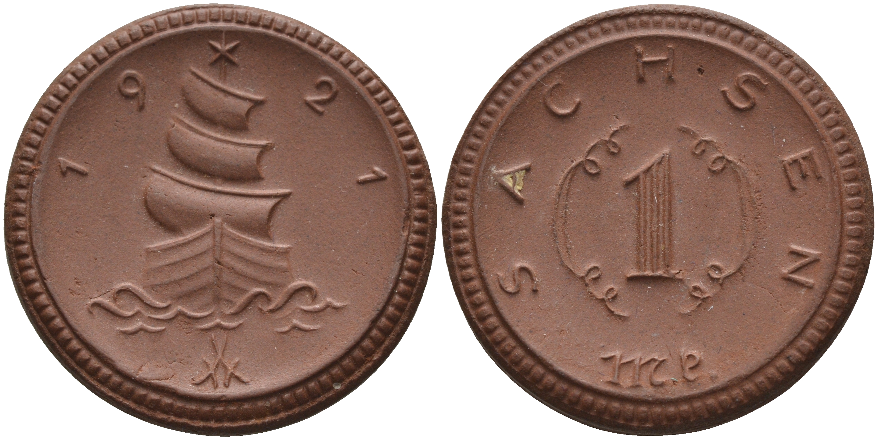 Саксония 1 марка 1921 парусник J. N 55 фарфор 1094-4-83