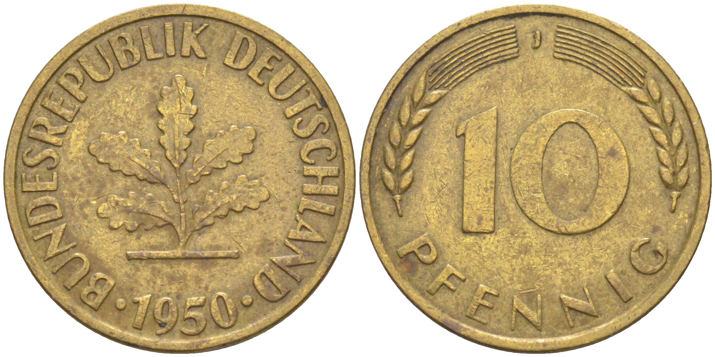 ФРГ 10 пфеннигов 1950 J KM 108, J. 383 сталь плакированная латунью 259-932