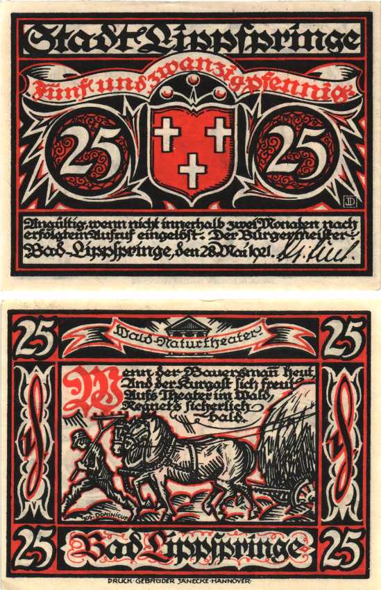 БАД-ЛИПШПРИНГЕ 25 ПФЕННИГОВ 1921 НОТГЕЛЬД, 28 МАЯ 1921, ЗЕМЛЯ СЕВЕРНЫЙ РЕЙН-ВЕСТФАЛИЯ Grabowski 805.1 бумага 8608-2-1-2