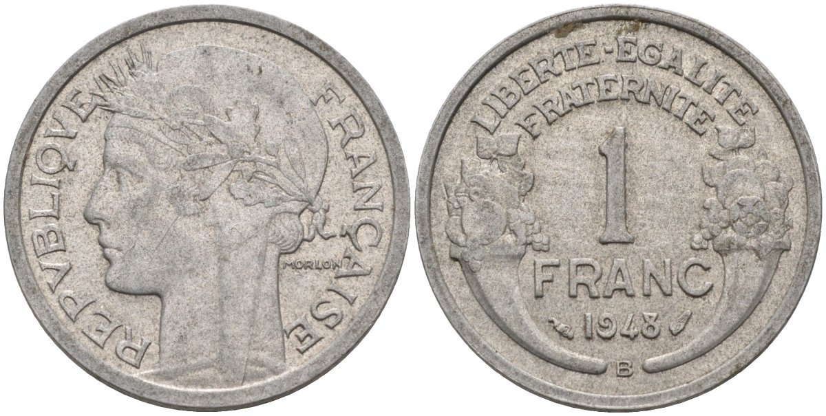 Франция 1 франк 1948 В, тип Morlon Legere KM 885a.1, Le Franc 221.14 алюминий 4116-1226