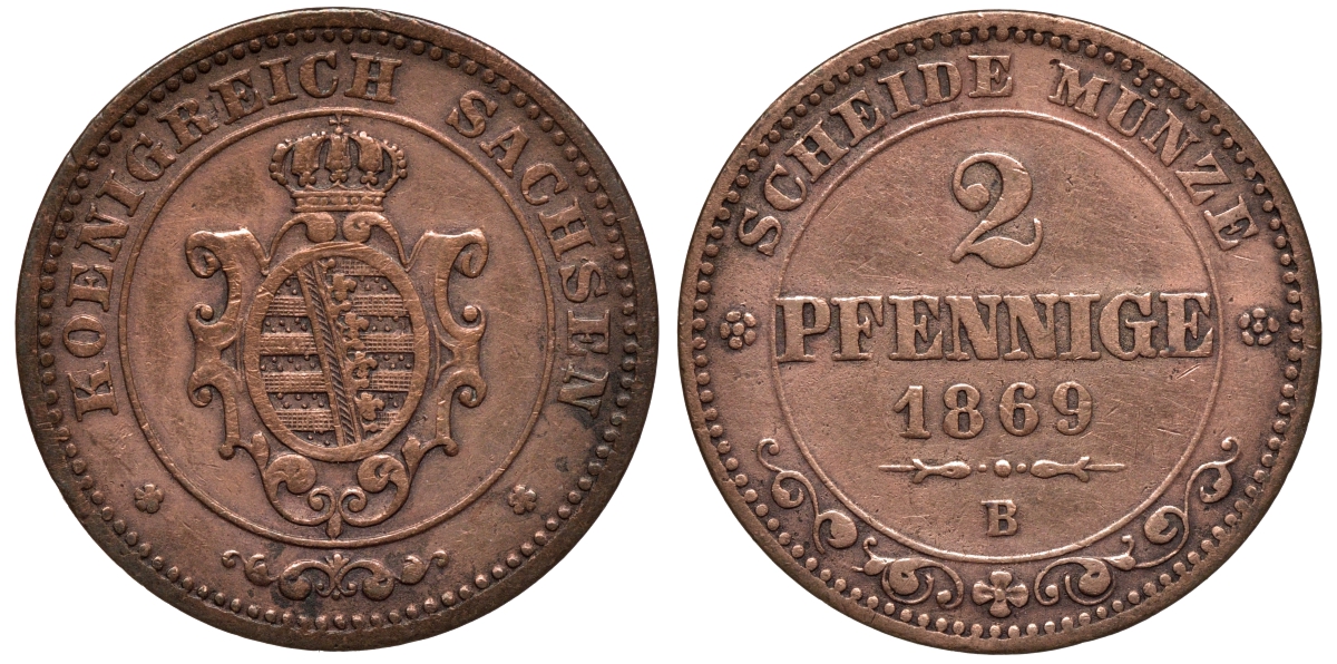 Саксония 2 пфеннига 1869 В, Иоганн (1854-1873) KM 1217, Jaeger 121, AKS 155 медь 75-161