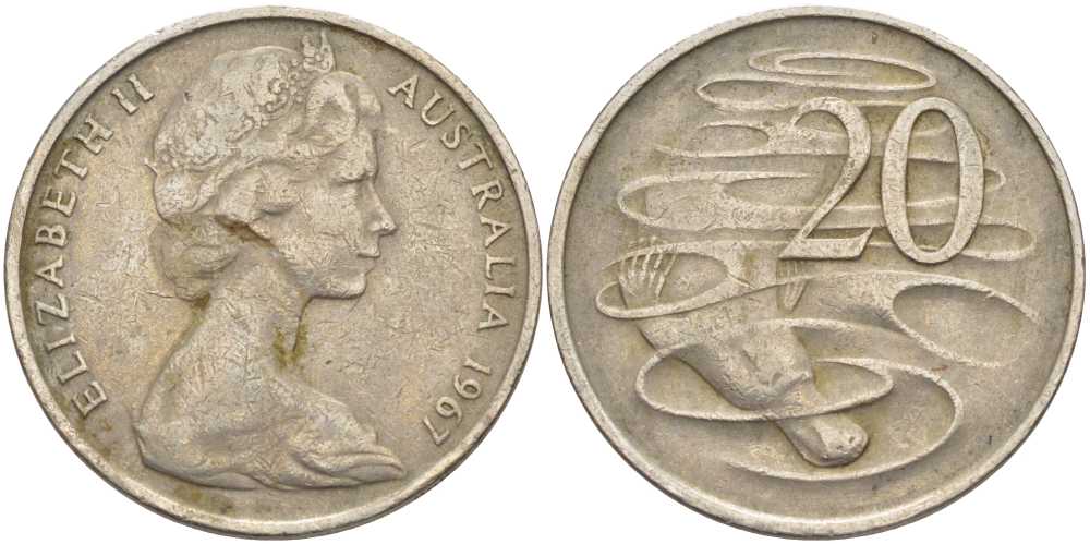 Австралия 20 центов 1967 Елизавета II (1952-2022), утконос KM 66 медно-никель 38-711