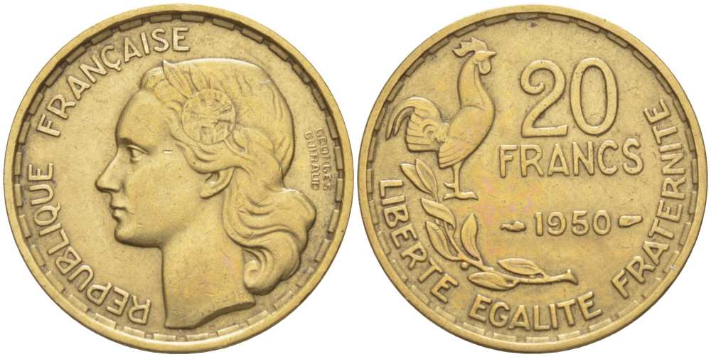 ФРАНЦИЯ 20 ФРАНКОВ 1950 ПЕТУХ, ПОЛНАЯ ПОДПИСЬ, ТРИ ПЕРА KM 916.1, LE FRANC 401.1 алюминиевая бронза 217-313