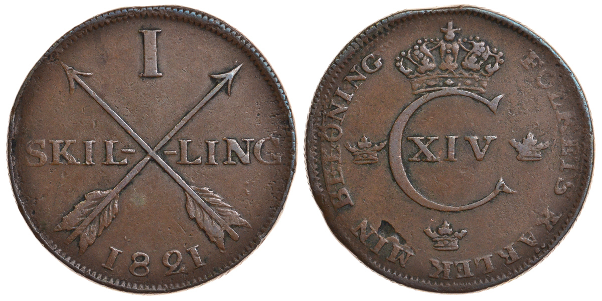Швеция 1 скиллинг 1821 Карл XIV Юхан (1818-1844) KM 597 медь 4179-422