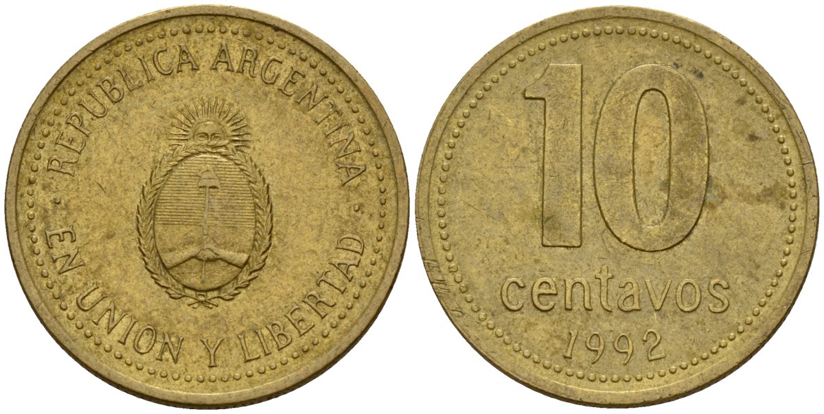 Аргентина 10 сентаво 1992 герб KM 107 алюминиевая бронза 4164-524