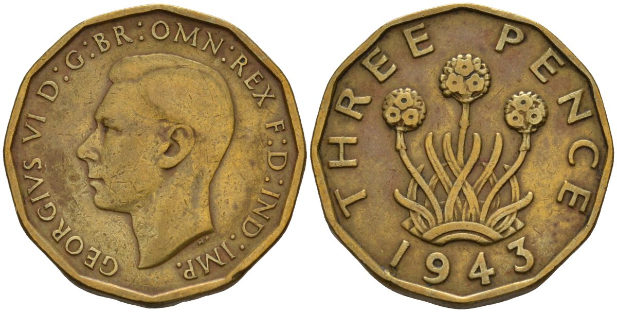 Великобритания 3 пенса 1943 Георг VI (1936-1952) KM 849, Spink 4112 никель латунь 4153-724