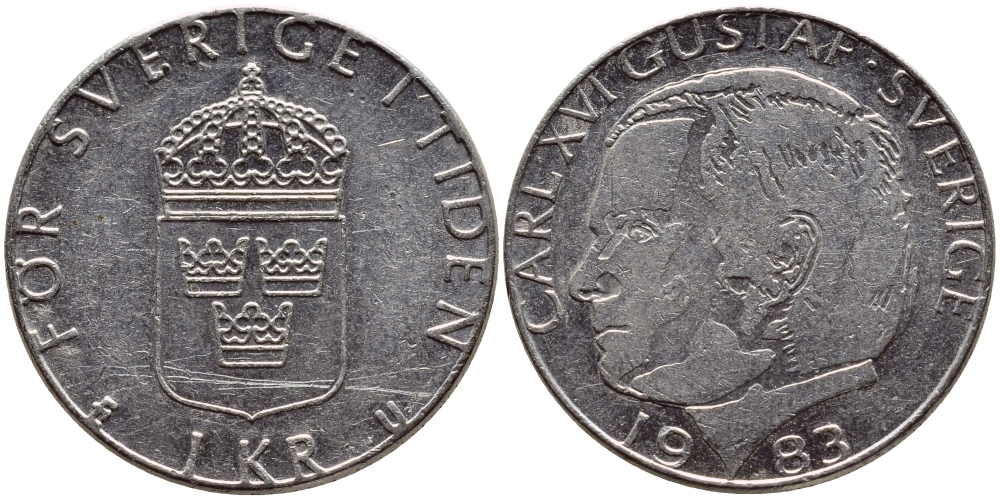 Швеция 1 крона 1983 Карл XVI Густав (1973- ) KM 852a медно-никель 4397-1123