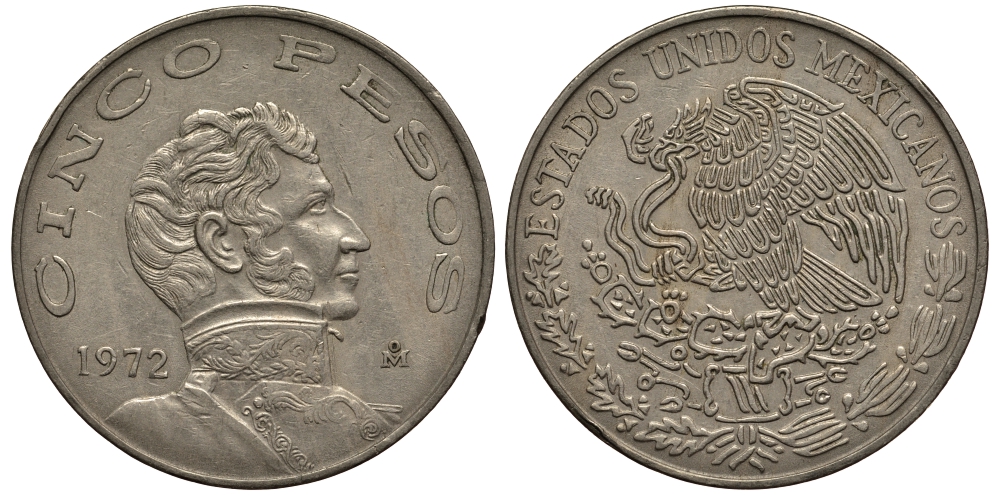 МЕКСИКА 5 ПЕСО 1972 ВИСЕНТЕ ГЕРРЕРО KM 472 медно-никель VF 118-1022