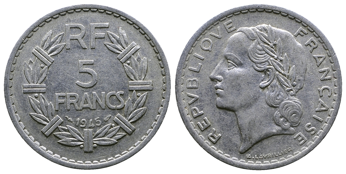 Франция 5 франков 1945 KM 888b.1, Le Franc 339.3 алюминий 4364-4324