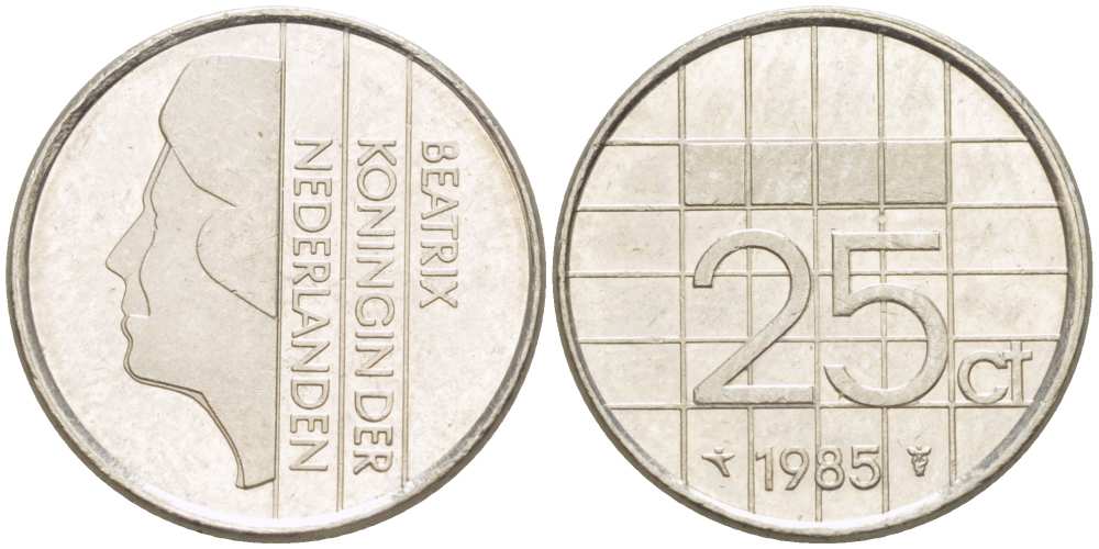 НИДЕРЛАНДЫ 25 ЦЕНТОВ 1985 БЕАТРИКС KM 204 никель 3309-356