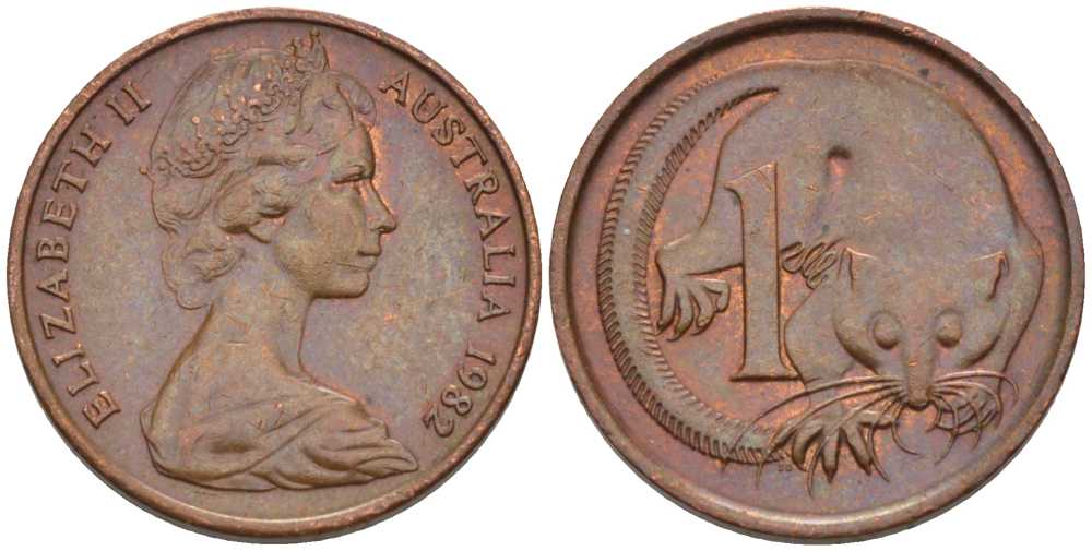 АВСТРАЛИЯ 1 ЦЕНТ 1982 ЕЛИЗАВЕТА II, МОЛОДОЙ ПОРТРЕТ, ОПОССУМ KM 62 бронза 100-931