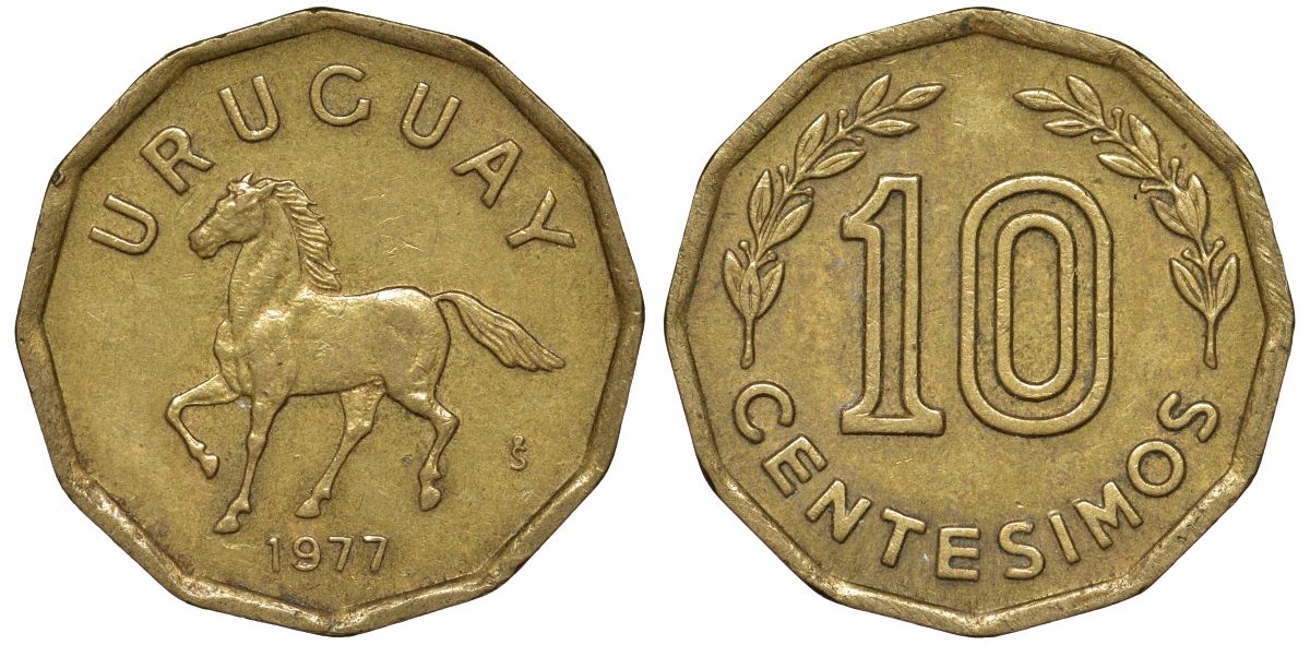 Уругвай 10 сентесимо 1977 KM 66 алюминиевая бронза 4164-756