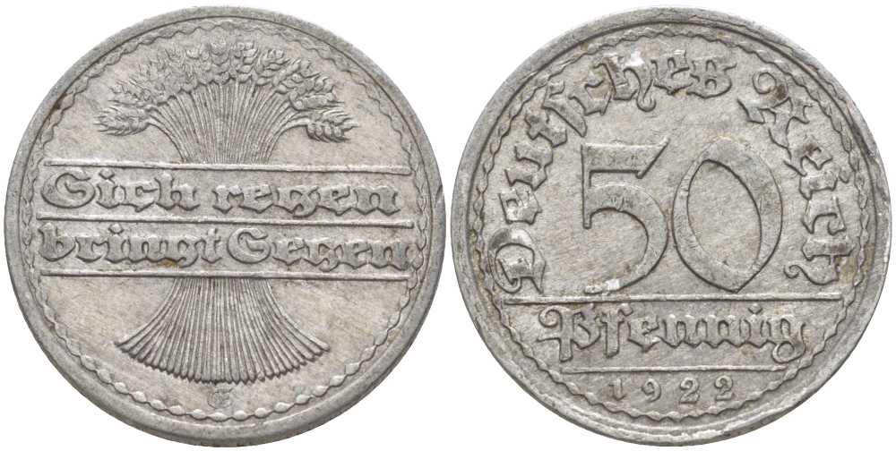 ГЕРМАНИЯ 50 ПФЕННИГОВ 1922 G KM 27, J. 301, Weege 10 алюминий 261-754