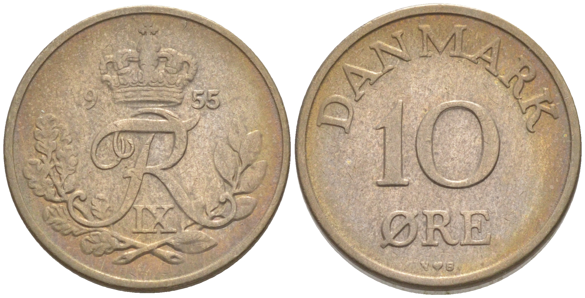 ДАНИЯ 10 ЭРЕ 1955 N; S, ФРЕДЕРИК IX (1947-1972) KM 841.1 медно-никель aUNC 187-635