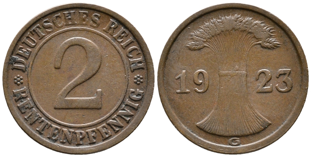 ГЕРМАНИЯ 2 РЕНТЕНПФЕННИГА 1923 G KM 31, J. 307 бронза 24-355