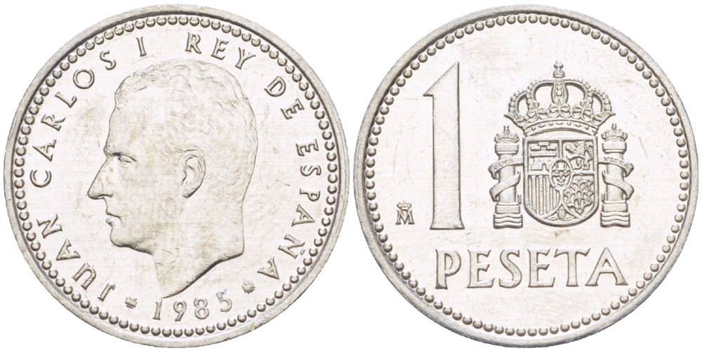 Испания 1 песета 1985 M, Хуан Карлос I (1975-2014) KM 821 алюминий 216-427