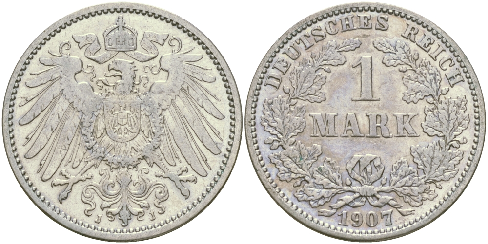 Германия 1 марка 1907 J Weege 18, J. 17, KM 14 серебро aUNC 413-5812
