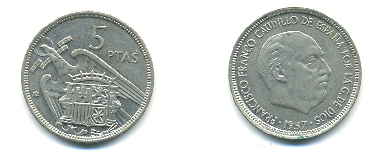 ИСПАНИЯ 5 ПЕСЕТ 1957 (74) ФРАНСИСКО ФРАНКО ДИКТАТОР ИСПАНИИ (1939-1975) KM 786 медно-никель 80-1126