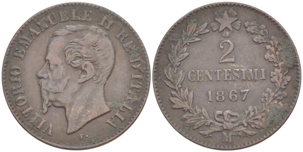 ИТАЛИЯ 2 ЧЕНТЕЗИМО 1867 М, МОНДВОР МИЛАН, ВИКТОР ЭММАНУИЛ II (1861-1878) KM 2.1 медь 4182-1231
