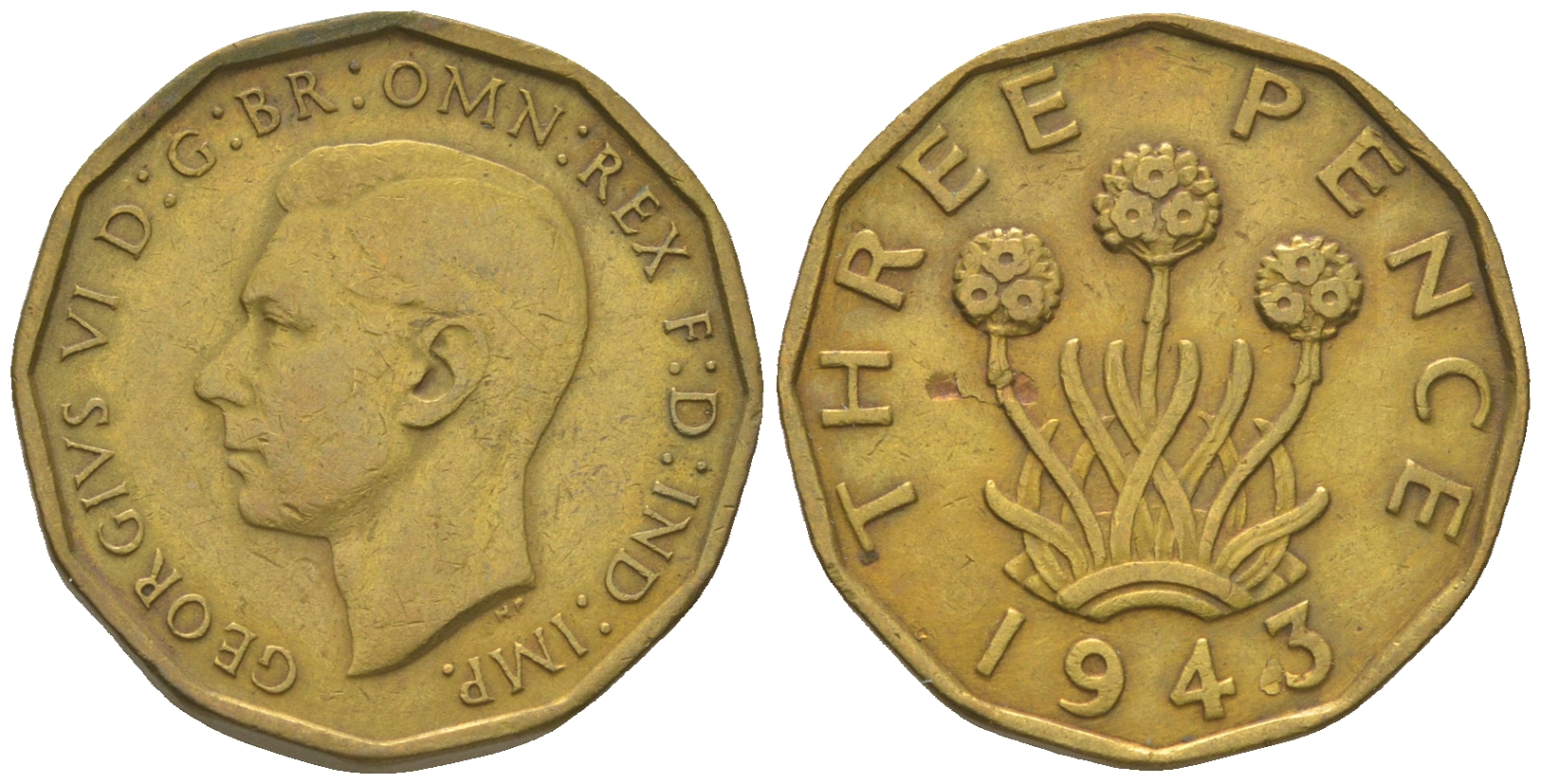 Великобритания 3 пенса 1943 Георг VI (1936-1952) KM 849, Spink 4112 никель латунь 60-1315