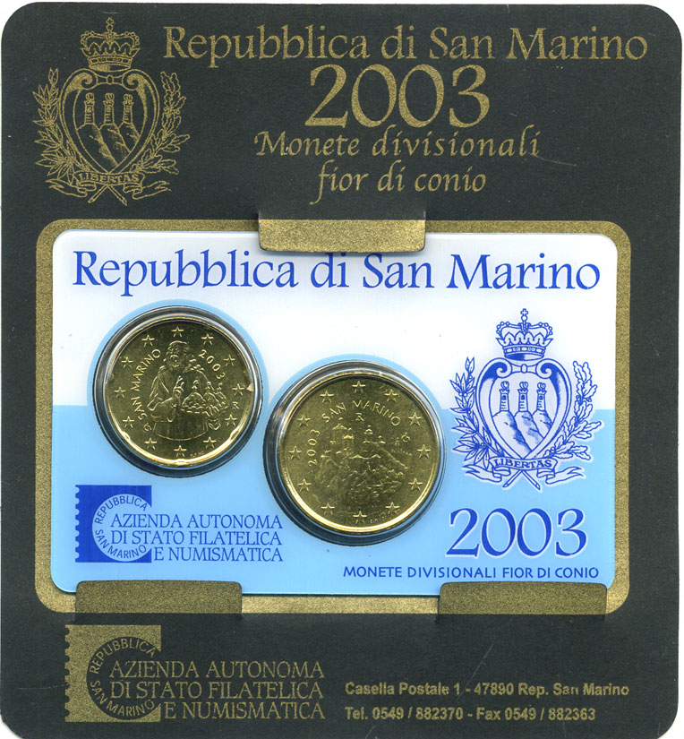 Сан-Марино евронабор из 2 монет 2003 20 и 50 евроцентов, в оригинальной пластиковой упаковке    UNC  5-6-2-67
