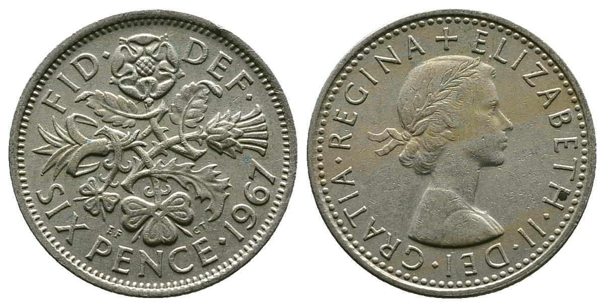 Великобритания 6 пенсов 1967 Елизавета II (1952-2022) KM 903, Spink 4149 медно-никель 4381-912