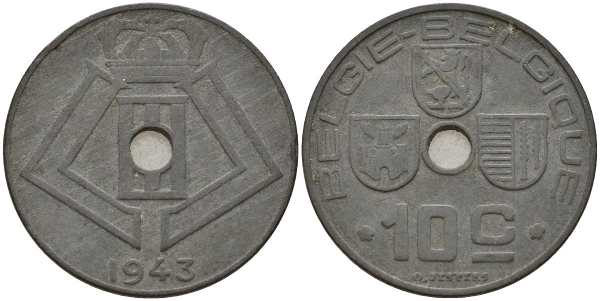 Бельгия 10 сантимов 1943 Belgie - Belgique, Леопольд III (1934-1947), германская оккупация, Вторая мировая война KM 126 цинк 4161-336