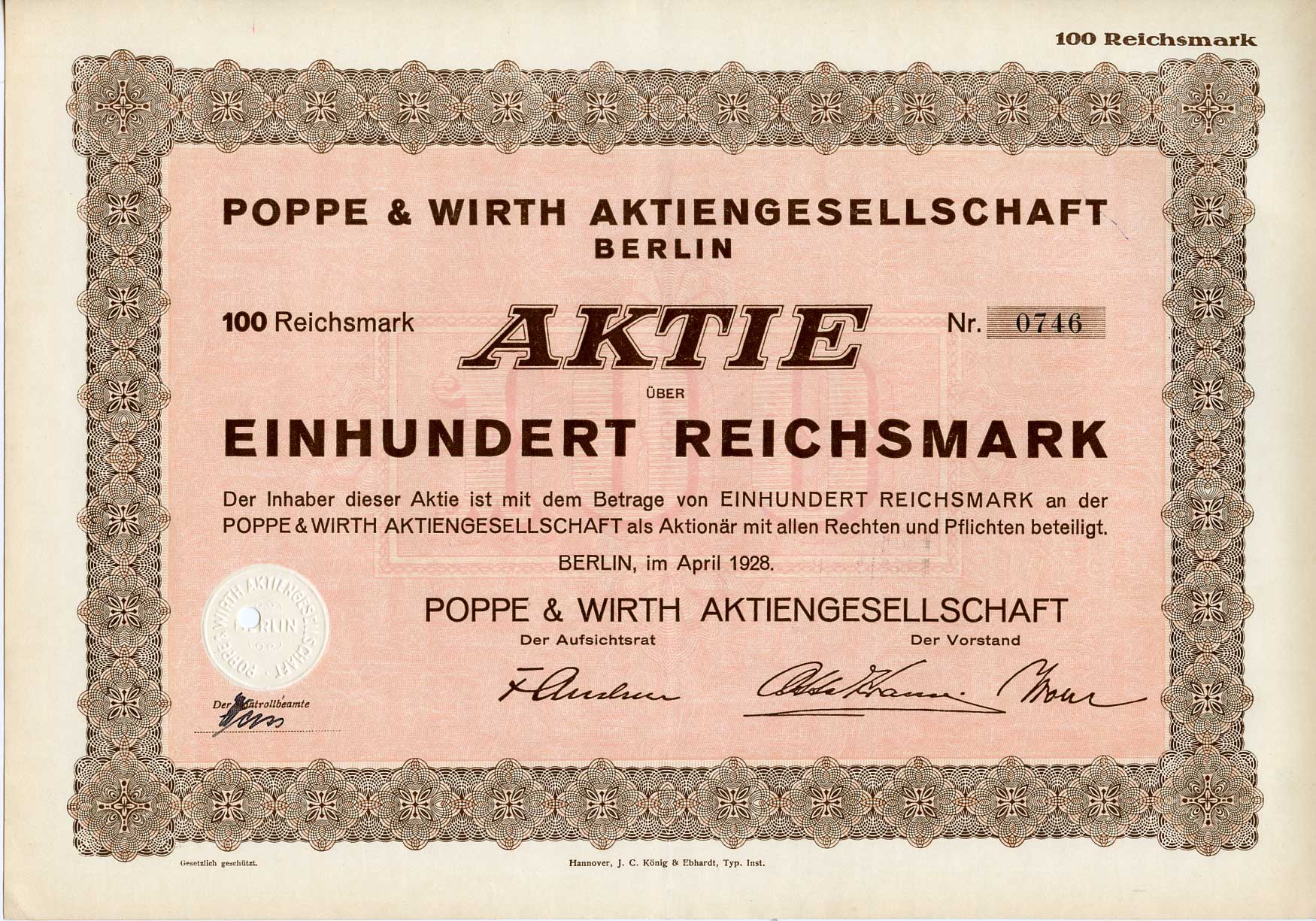 Германия 100 рейхсмарок 1928 Акционерное общество "Поппе и Вирт", Берлин, акция   бумага   8803-65-1