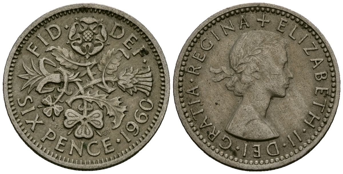 Великобритания 6 пенсов 1960 Елизавета II (1952-2022) KM 903, Spink 4149 медно-никель 4174-216