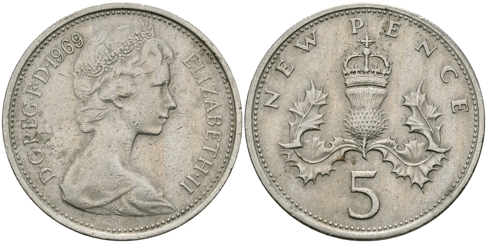 Великобритания 5 пенсов 1969 Елизавета II (1952-2022) KM 911, Spink 4233 (D1) медно-никель 94-527