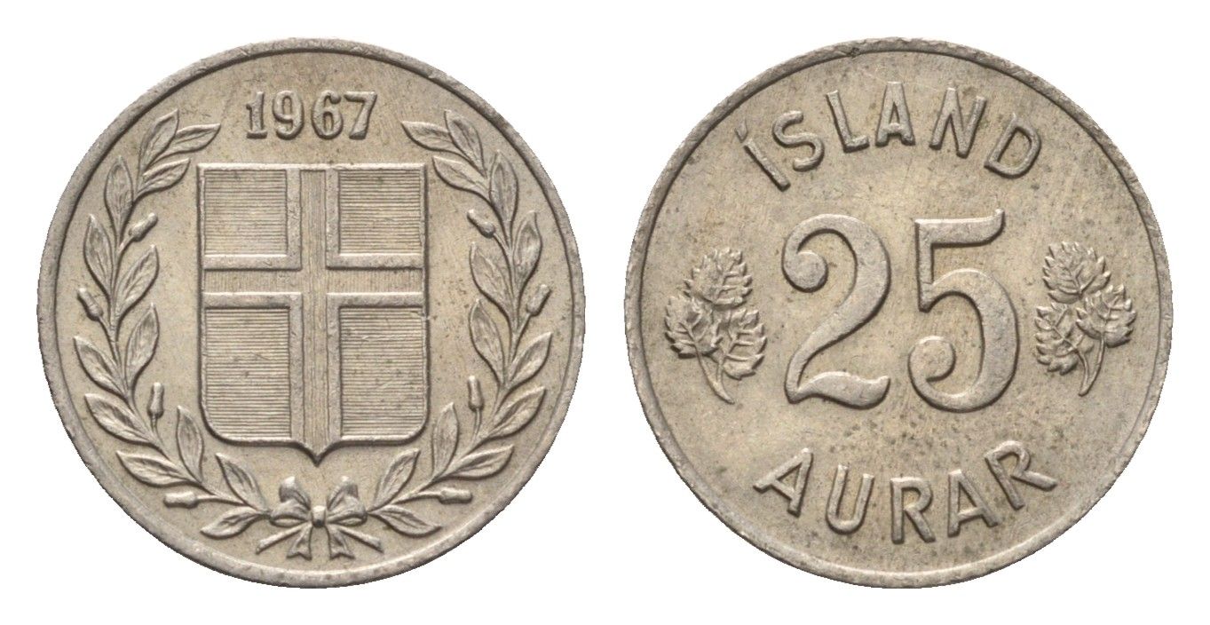 Исландия 25 эйре 1967 KM 11 медно-никель UNC 4696-346
