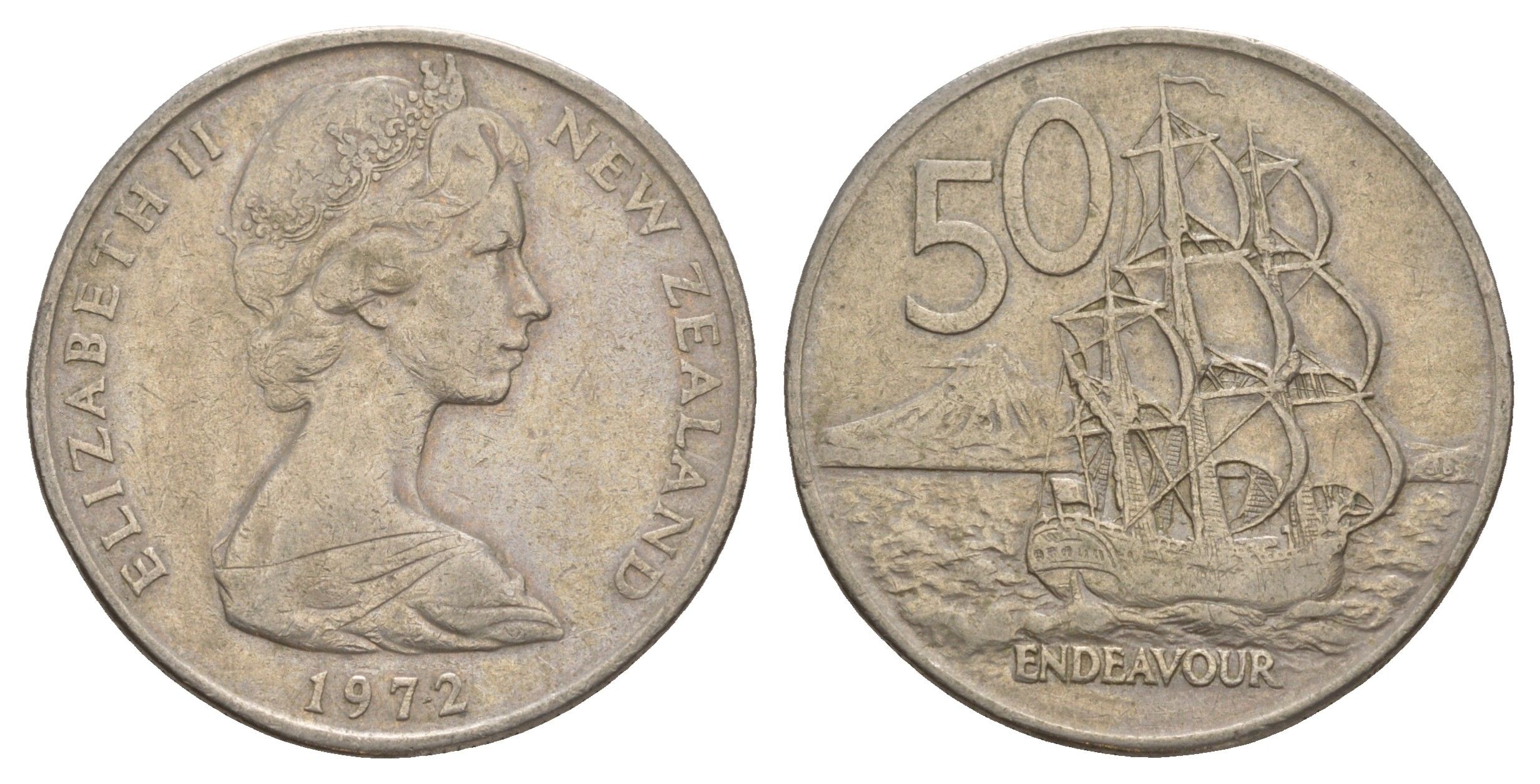 Новая Зеландия 50 центов 1972 Елизавета II (1952-2022), парусник Индевор KM 37 медно-никель 4645-616