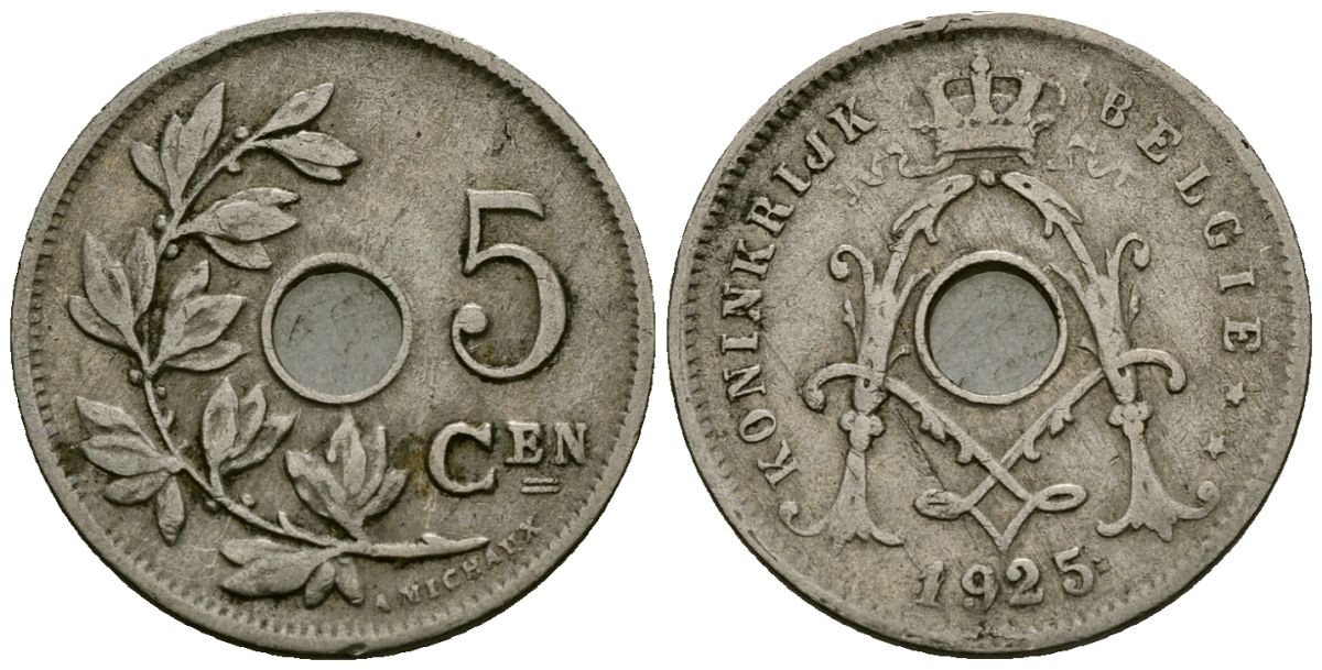 Бельгия 5 сантимов 1925 Belgie KM 67 медно-никель 4173-313