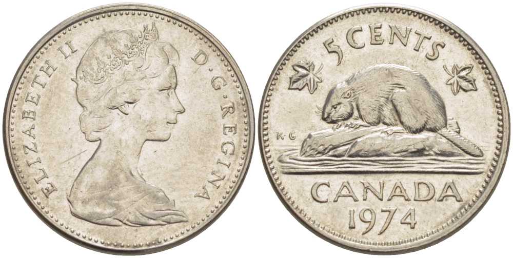 Канада 5 центов 1974 бобр, Елизавета II (1952-) KM 60.1 никель 86-832