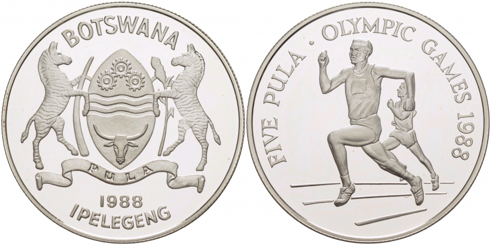 Ботсвана 5 пула 1988 XIV летние олимпийские игры в Сеуле, бег, тираж 25000 экз. КМ 21 серебро PROOF 04-302-11