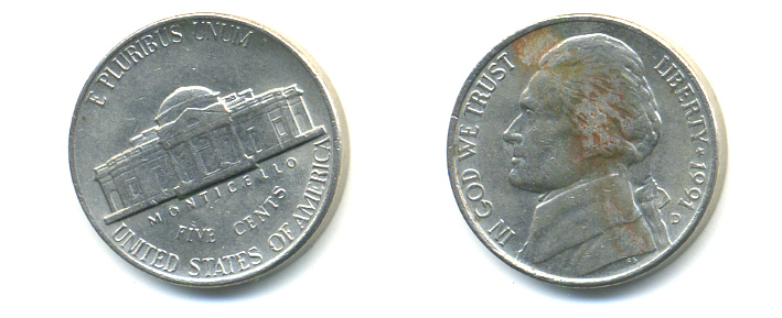 США 5 ЦЕНТОВ 1991 D ДЖЕФФЕРСОН KM А192 медно-никель 179-751