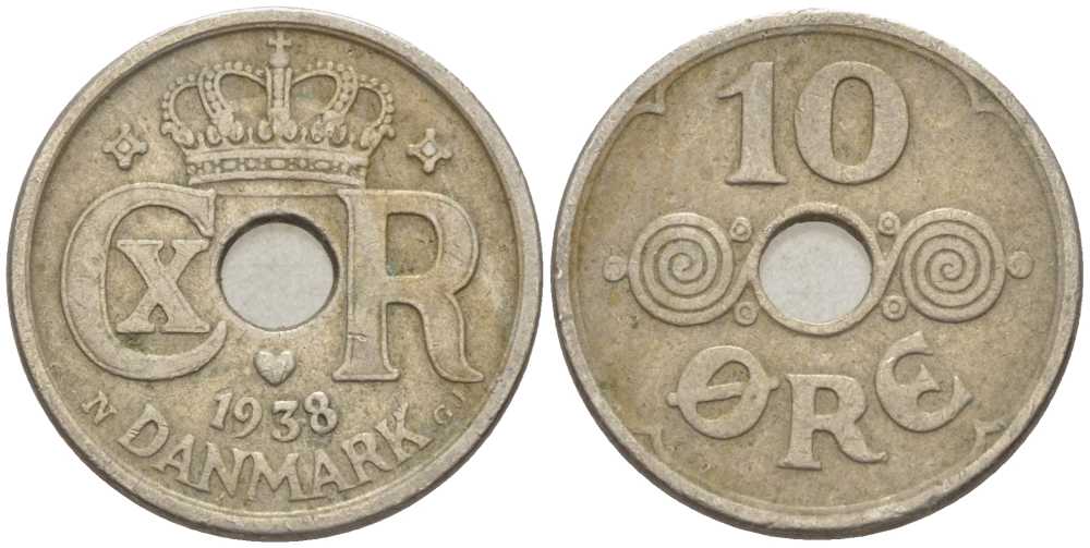 ДАНИЯ 10 ЭРЕ 1938 N ; GJ, КРИСТИАН X (1912-1947) KM 822.2 медно-никель 4383-128