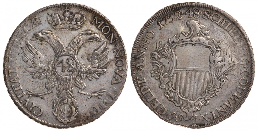 Любек 48 шиллингов = 1 талер 1752 JJJ, KM 168.6, Dav. 2420 E серебро 00-814-79