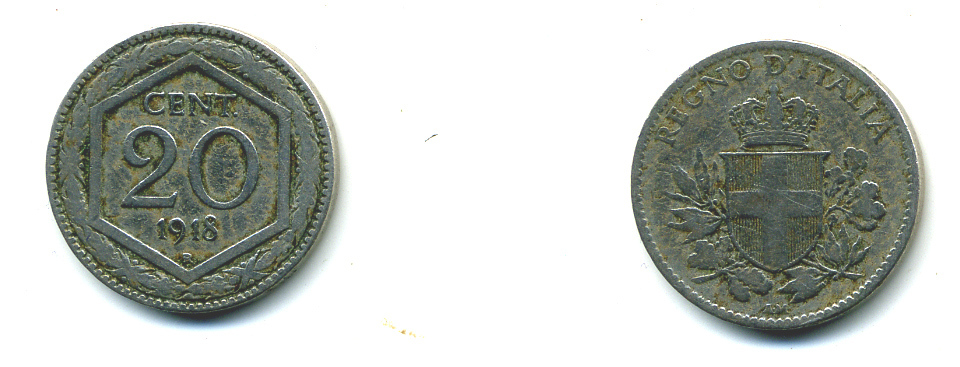 ИТАЛИЯ 20 ЧЕНТЕЗИМО 1918 R, ВИТОРИО ИМАНУИЛ III KM 58 медно-никель 29-1163