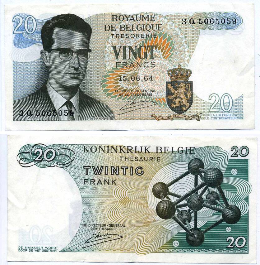 Бельгия 20 франков 1964 Бодуэн I, атомиум, Kestens Pick 138 (3) бумага 6266-32-1-1