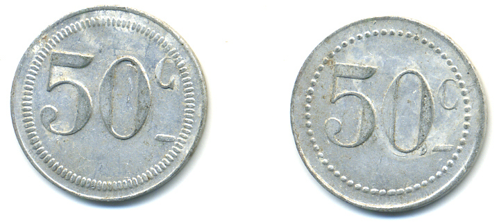 ФРАНЦИЯ 50 САНТИМОВ НАЧАЛО XX ВЕКА d 24 мм, вес около 1,0 гр., платежный жетон алюминий 89-931