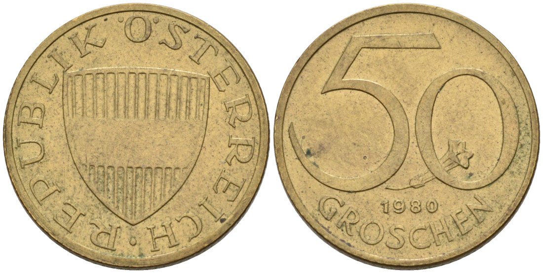 Австрия 50 грошей 1980 KM 2885 алюминиевая бронза 4567-416