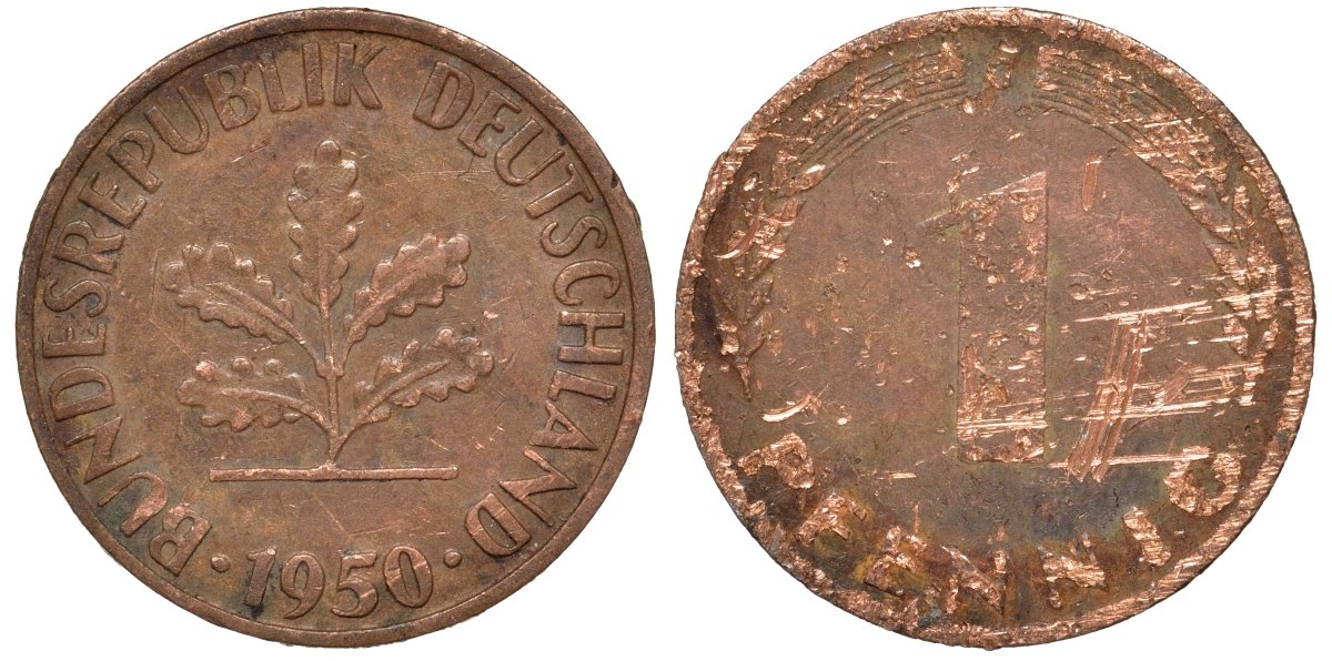 ФРГ 1 пфенниг 1950 F KM 105, J.380 сталь плакированная медью 4174-443