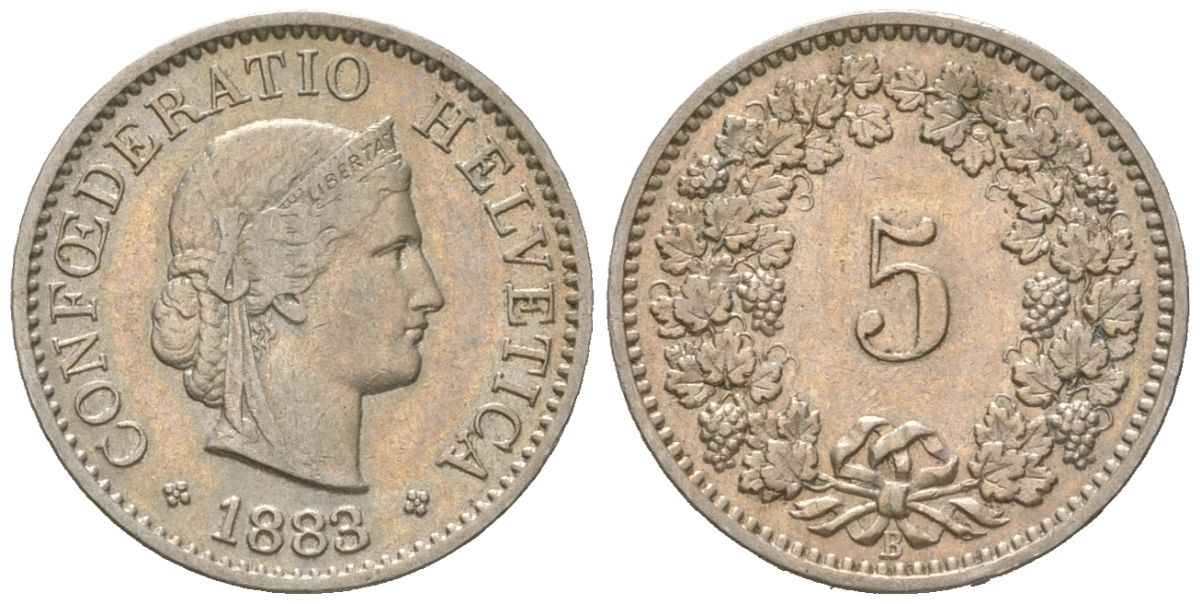Швейцария 5 раппенов 1883 B KM 26 медно-никель 4189-1018