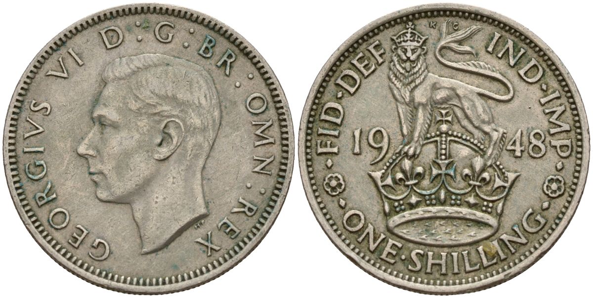 Великобритания 1 шиллинг 1948 Георг VI (1936-1952), Английский герб KM 863, Spink 4103 медно-никель 4150-734
