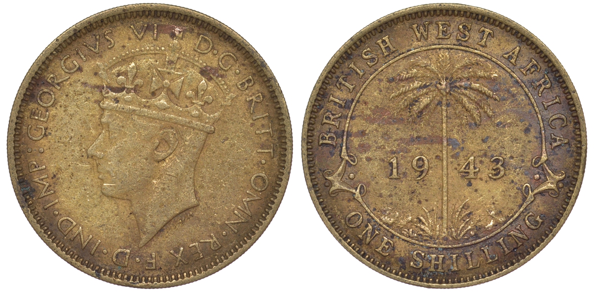 Британская Западная Африка 1 шиллинг 1943 Георг VI KM 23 никель латунь 25-1643
