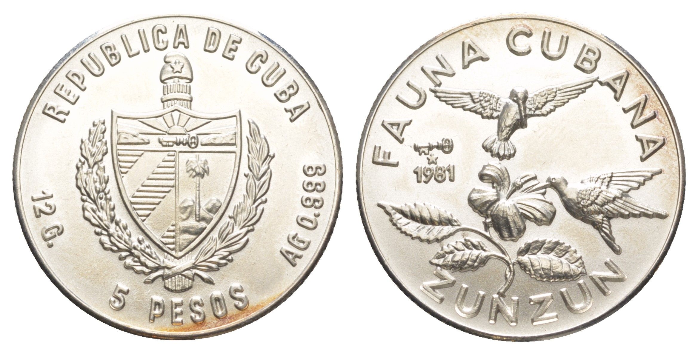 Куба 5 песо 1981 Фауна Кубы - Колибри-пчёлка KM 76 серебро BU 603-425
