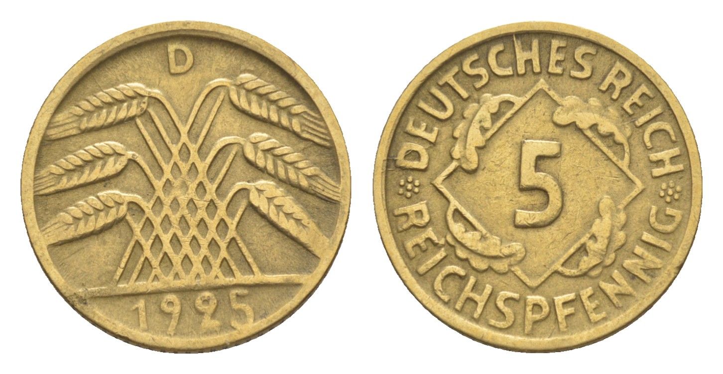 Германия 5 рейхспфеннигов 1925 D KM 39, J. 316 алюминиевая бронза 4644-1134