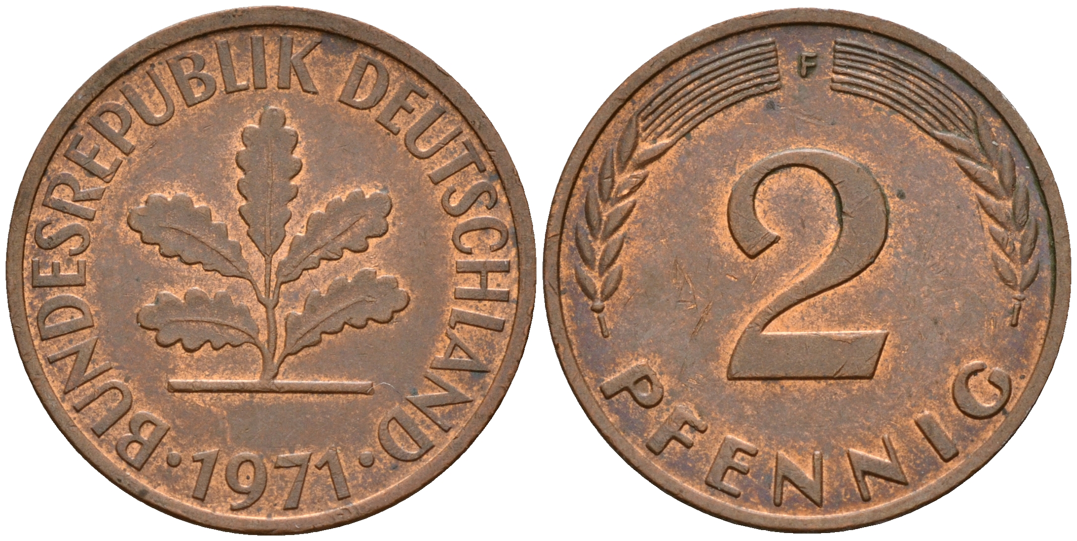 ФРГ 2 пфеннига 1971 F J.381a, KM 106a сталь плакированная медью    4598-765